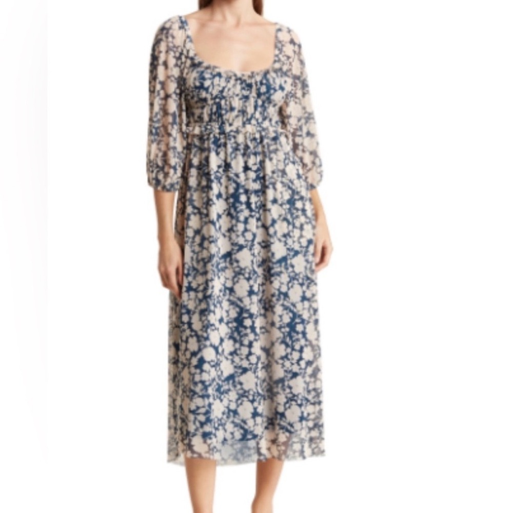 dRA Los Angeles Floral Smocked Waist Midi Dress in Blue and Cream size S